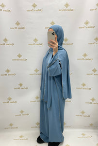 abaya de prière avec hijab intégrer en jazz avec fil dore bleu ciel tendance hijab mode modeste mastour boutique de femmes musulmanes 