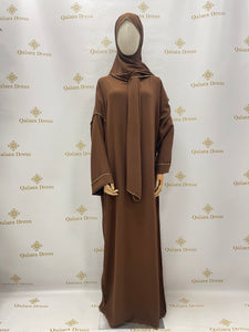 abaya de priere avec hijab integrer en jazz avec fil dore beige fonce ou marron choco mode modeste tendance hijab boutique de femmes musulmanes 