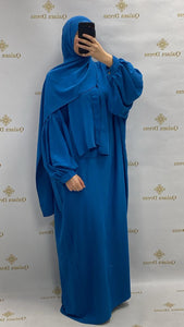 abaya ou robe de priere avec manches ballons tissu leger en soie de medine beige bleu indigo tendance hijab boutique de femmes musulmanes  
