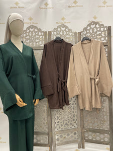 ensemble 2 pieces type Lin Pantalon tunique cache cœur a nouer kaki beige vert foret qalam dress tendance hijab mode modest  
