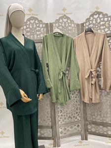 ensemble 2 pieces type Lin Pantalon tunique cache cœur a nouer kaki beige vert foret qalam dress tendance hijab mode modest  