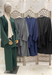 ensemble 2 pieces type Lin Pantalon tunique cache cœur a nouer kaki beige vert foret noir bleu gris qalam dress tendance hijab mode modest  