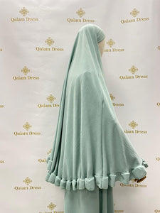 ensemble de priere abaya khimar froufrou en jazz manches tulipes vert d'eau mastour boutique de femmes musulmanes 