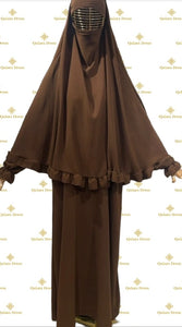 ensemble de priere en jazz couleur marron choco khimar volants tendance hijab boutique de femmes musulmanes 