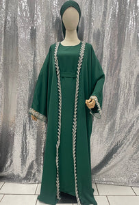 Ensemble nour kimono sous robe ceinture et voile vert emeraude vert foret evenement henna mariage aid qalam dress boutique 