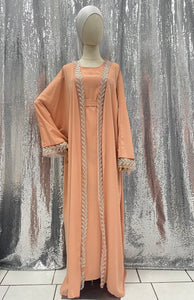 Ensemble nour kimono sous robe ceinture et voile rose saumon  vert foret evenement henna mariage aid qalam dress boutique vetements modeste 