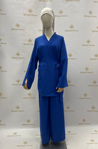 ensemble type Lin Pantalon tunique cache cœur a nouer bleu roi beige vert foret qalam dress tendance hijab mode modest  