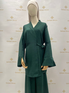 ensemble type Lin Pantalon tunique cache cœur a nouer vert emeraude vert foret ceinture qalam dress mode fashion 