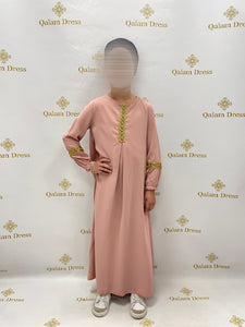 robe fille soumaya rose beige ou vert d'eau en soie de medine details bras et col tendance aid et ramadan 
