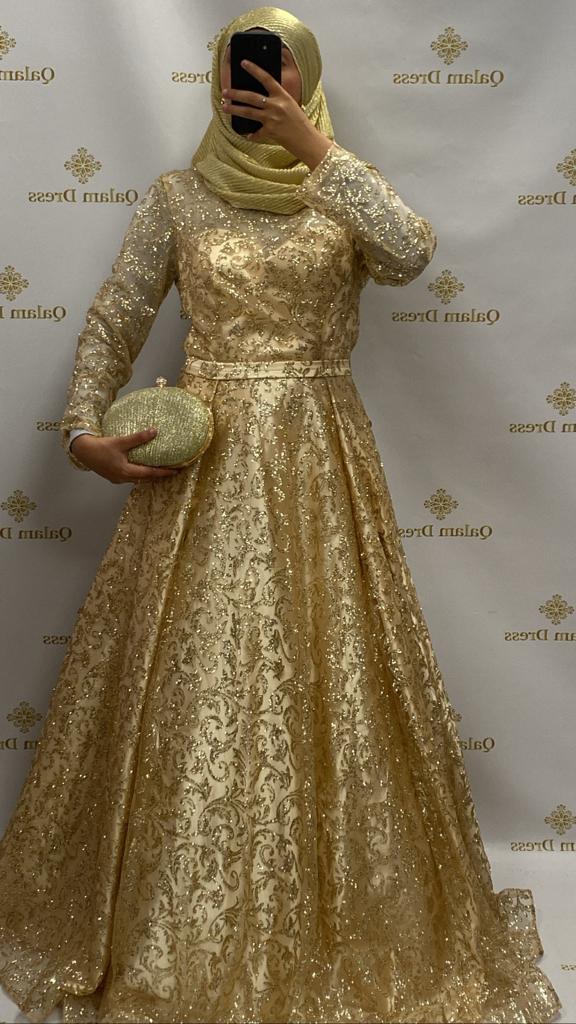 Robe de soiree najah doree lilas mauve tendance hijab mode evenement mariage fetes 