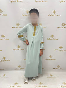 robe fille soumaya vert d'eau aid ramadan details manches et col tissu similaire soie de medine 