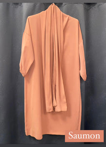 Abaya petite fille hijab integrer fille orange saumon  bleu jean en soie de medine ramadan aid tenue de priere 
