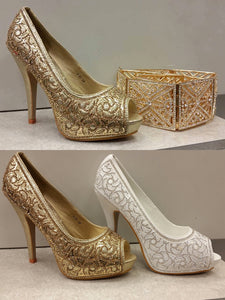 chaussures a talon a strass doré, blanc abaya hijab tunique jilbeb mode modeste fashion boutique musulmane femmes voilées