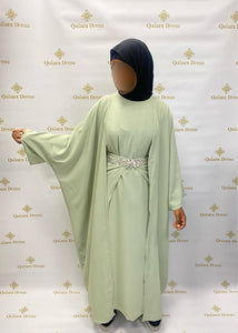Ensemble 3 pieces abaya kimono jupe  tablierabaya hijeb hijab tunique jilbeb mode modeste fashion qalam dress boutique musulmane femme voilées hijab france robe abaya blanche 