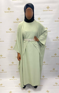 Ensemble 3 pieces abaya kimono jupe  tablierabaya hijeb hijab tunique jilbeb mode modeste fashion qalam dress boutique musulmane femme voilées hijab france robe abaya blanche 