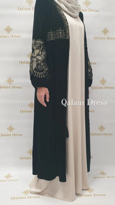 Kimono velours broderie beige or mariage soirée abaya hijeb hijab tunique jilbeb mode modeste fashion qalam dress boutique musulmane femme voilées hijab france robe abaya blanche