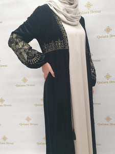 Kimono velours broderie beige or abaya hijeb hijab tunique jilbeb mode modeste fashion qalam dress boutique musulmane femme voilées hijab france robe abaya blanche