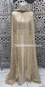 maxi cape tulle dorée élégante mariage fête femmes musulmanes fashion mode modeste hijab hijeb jilbab khimar abaya kimono ensemble palazzo