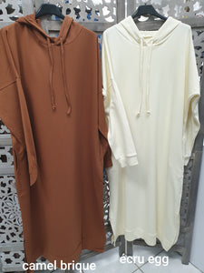 Sweat long SPORTWEAR Capuche  abaya hijab tunique jilbeb mode modeste fashion boutique musulmane femmes voilées couleur camel brique écru egg jaune