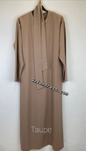 new abaya evasee a nouer en soie de medine classy hijab taupe mode modest fashion boutique qalam dress creteil 