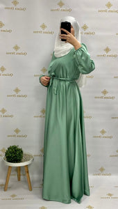 robe verte porte feuille avec ceinture en satin tendance hijab evenement fetes qalam dress