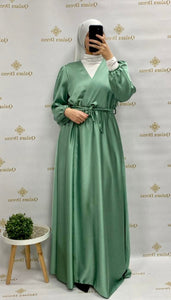 robe verte porte feuille avec ceinture en satin tendance hijab boutique de femmes musulmanes qalam dress