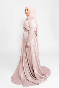 Robe du Soir Shiny Création Satin Vieux Rose Nude reflets doré - Tendance Hijab
